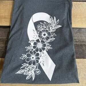 Size S - Gray Tee with Light Pink Ribbon & Floral Awareness Design - $20
